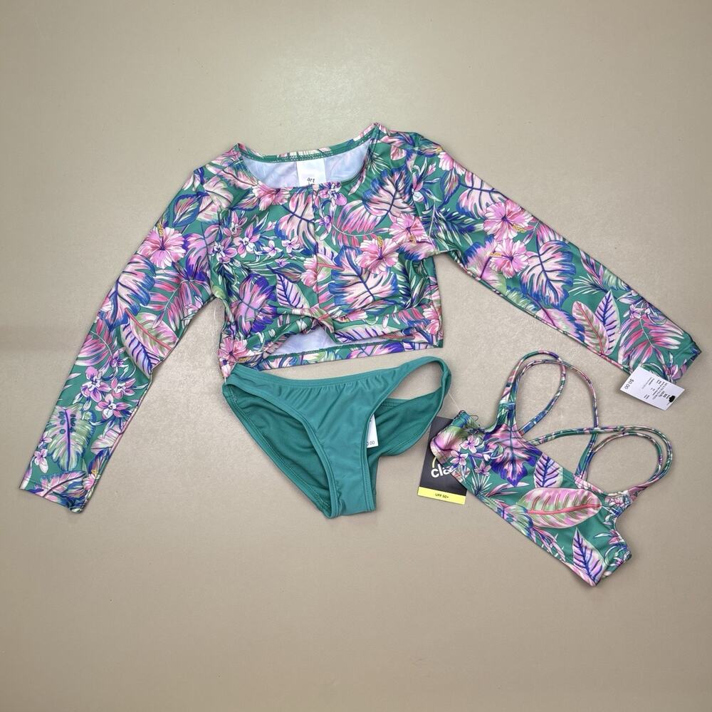 Art Class Girls 3Pc Tropical Swim Set Rash Guard Bikini XS 4/5 NWT